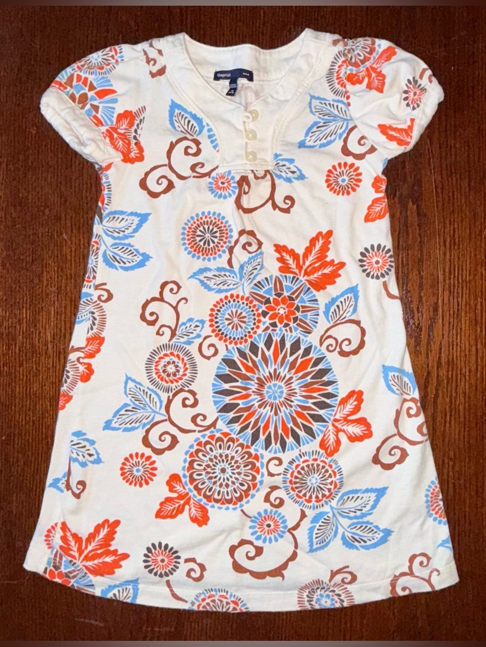 Gap Kids Cream Dress with Orange, Blue & Brown Print Sz Children’s XS 4/5